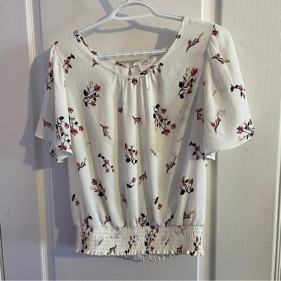 Sienna Sky Tops - Sienna Sky White Floral Smocked-Hem Blouse